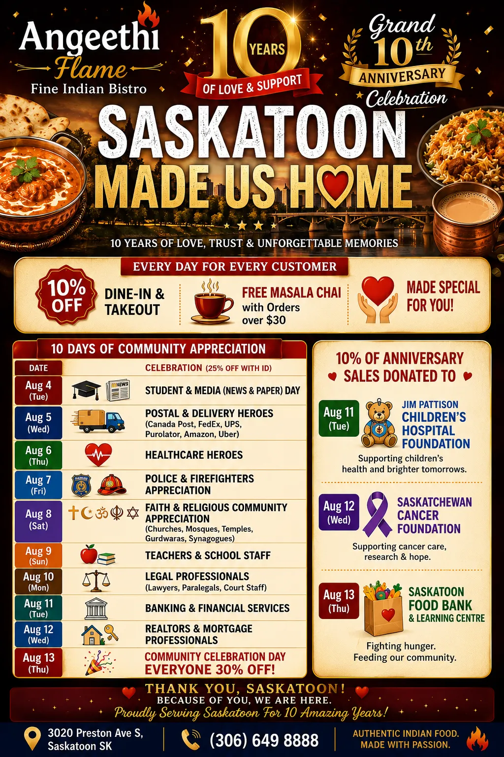 Angeethi Flame Grand 10th Anniversary Celebration — 10 Days of Community Appreciation in Saskatoon