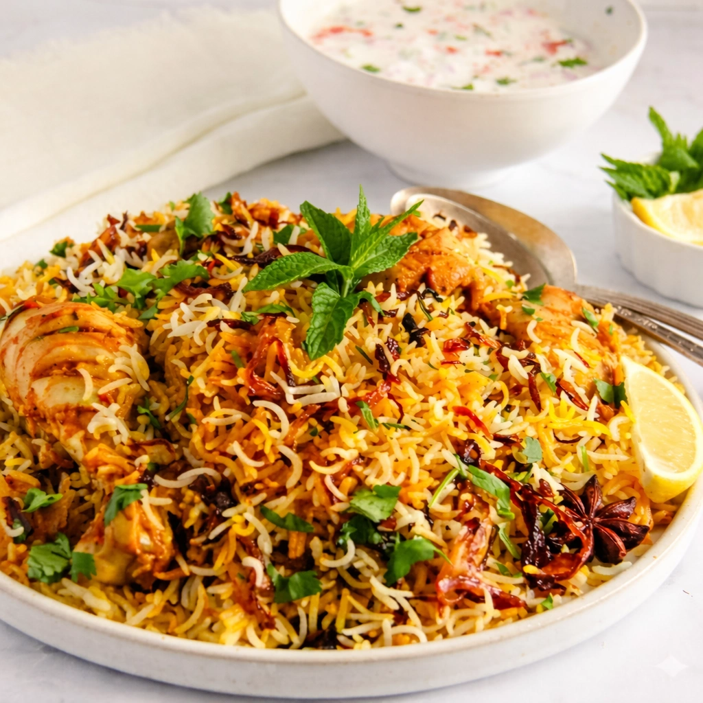 Chicken biryani — fragrant basmati rice slow-cooked with seasoned chicken and saffron at Angeethi Flame Saskatoon